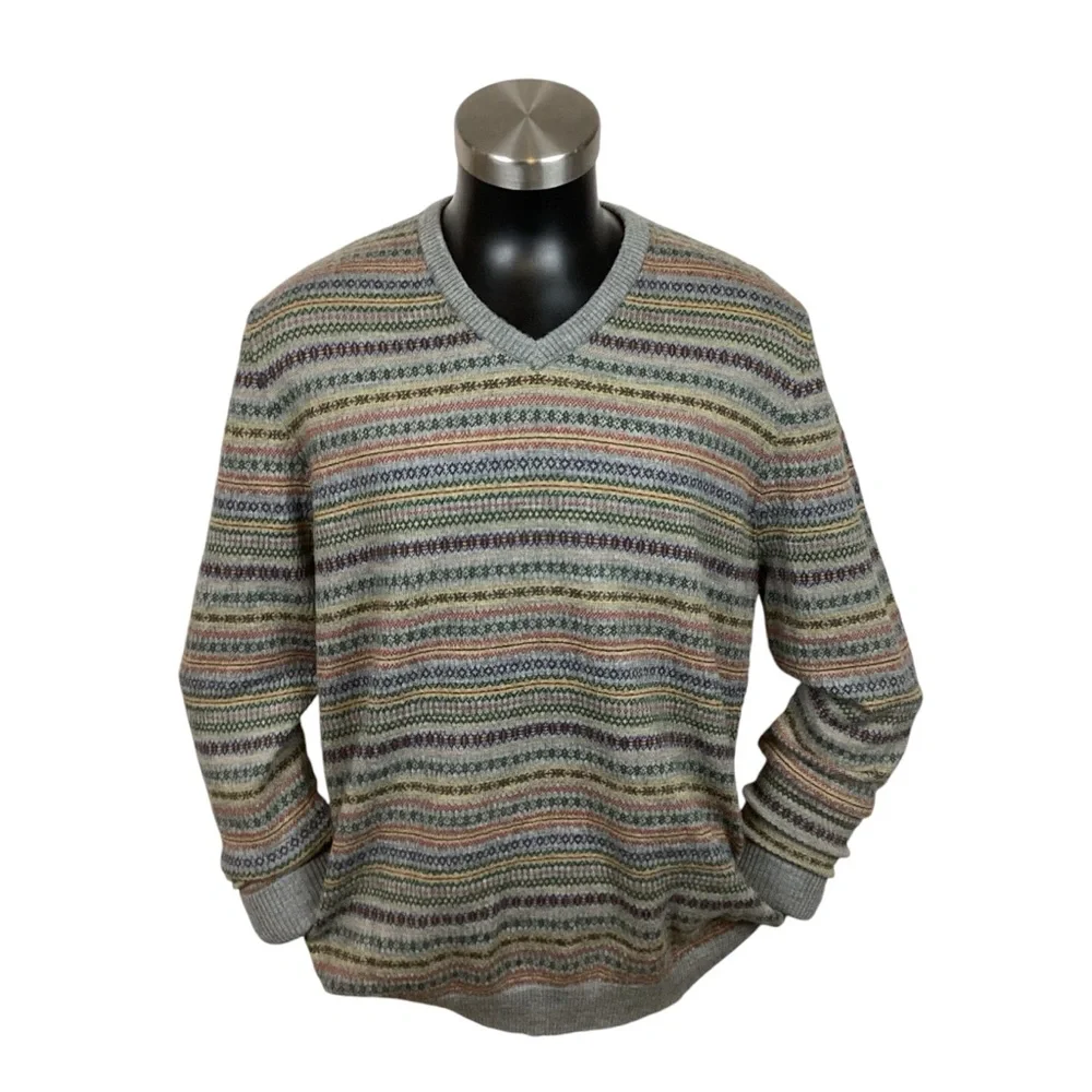 Lands End Nordic Fair Isle Merino Wool V Neck Sweater